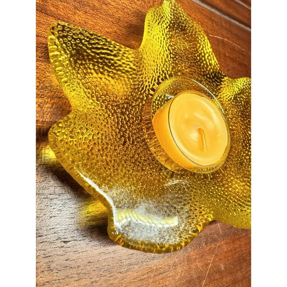 Amber Glass Leaf‎ Candle Holder MCM Style Textured Decor